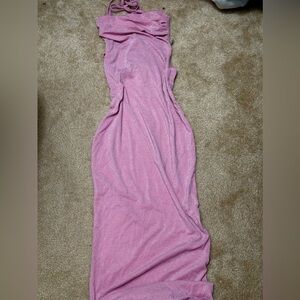 Draped collar tie backless halter neck maxi bodycon dress